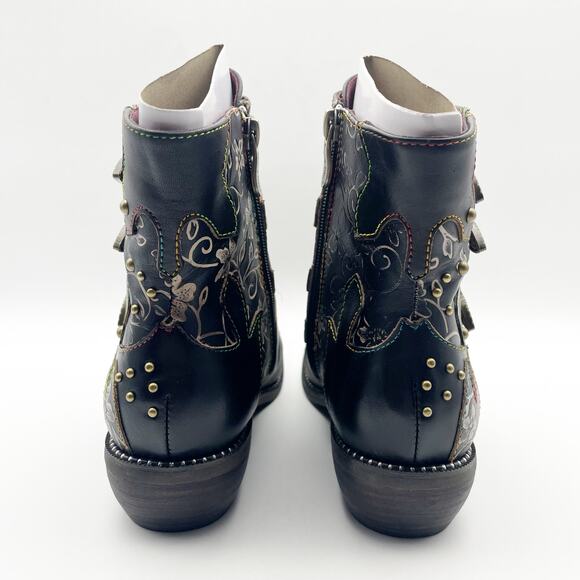 L'ARTISTE Womens Rodeha Ankle Boots US 9 M EU 40 Black Leather Hand Painted NWOB - Picture 10 of 14